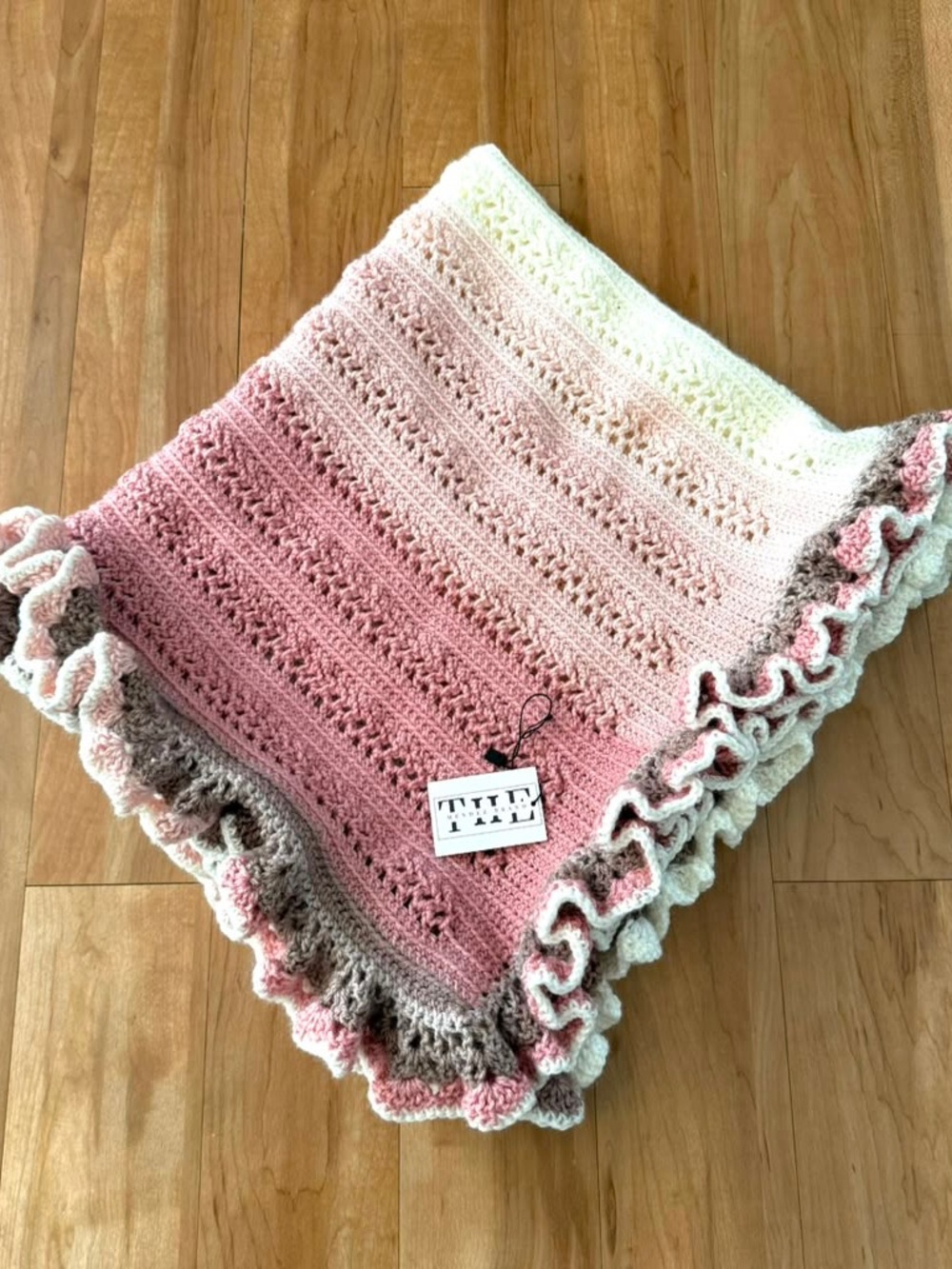 Handmade Pink Ombre Crochet Baby Blanket with Ruffled Edge